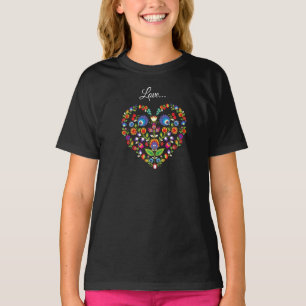 Camiseta Folclore corazón, estilo Wycinanki con texto