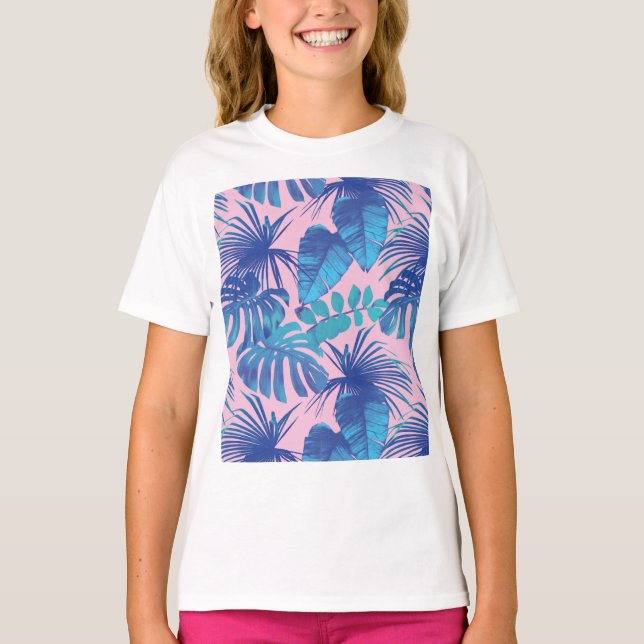 Camiseta Foliage tropical rosa y azul personalizado (Anverso)
