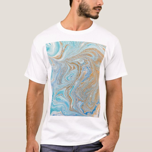 Camiseta Fondo acrílico de mármol, azul con brillo dorado (Anverso)