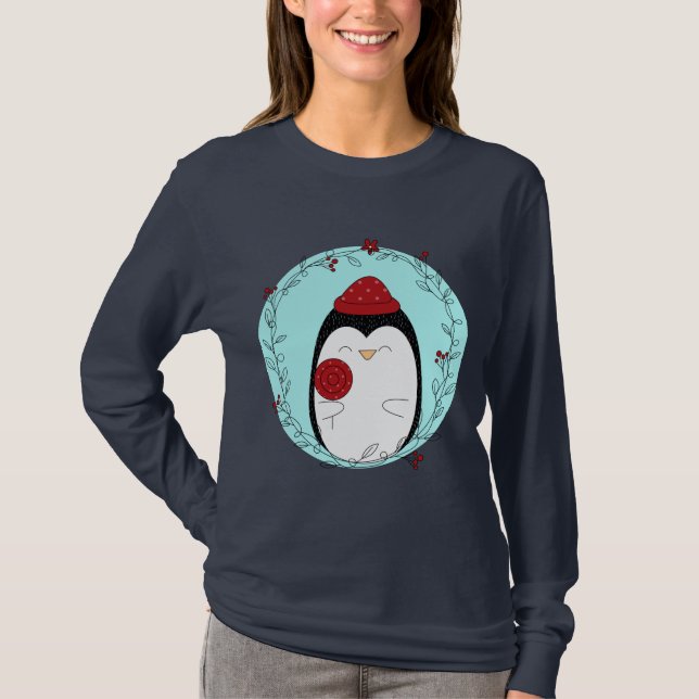 Camiseta Fondo azul del doodle pingüino (Anverso)
