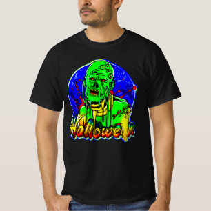 Camiseta Fondo azul del monstruo zombie verde de Halloween