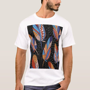 Camiseta Fondo inoxidable con patrón de plumas coloridas.