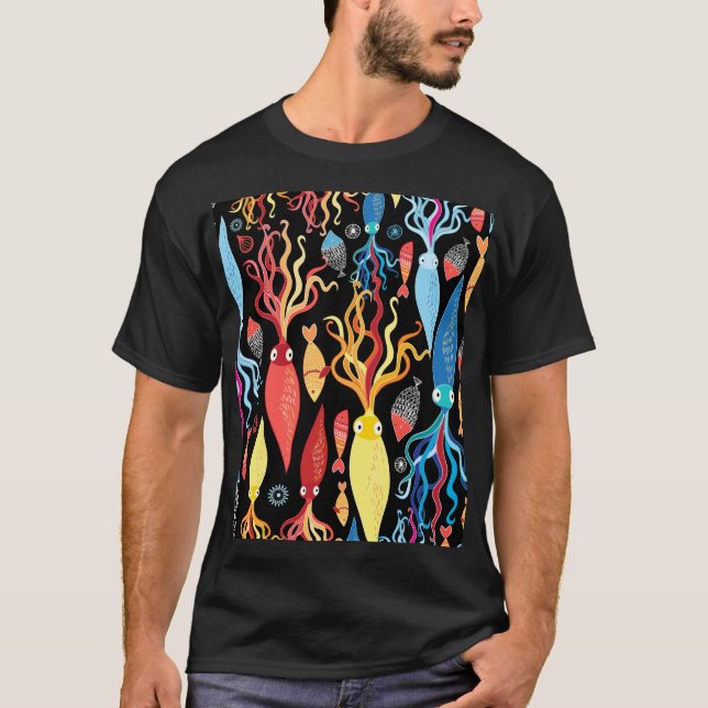 Camiseta Fondo negro de peces de calamar multicolor (Anverso)