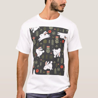 Camiseta Fondo oscuro, conejos blancos, cosecha floral.