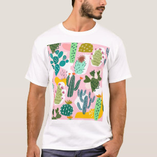 Camiseta Fondo rosa, patrón de cactus dibujado a mano.