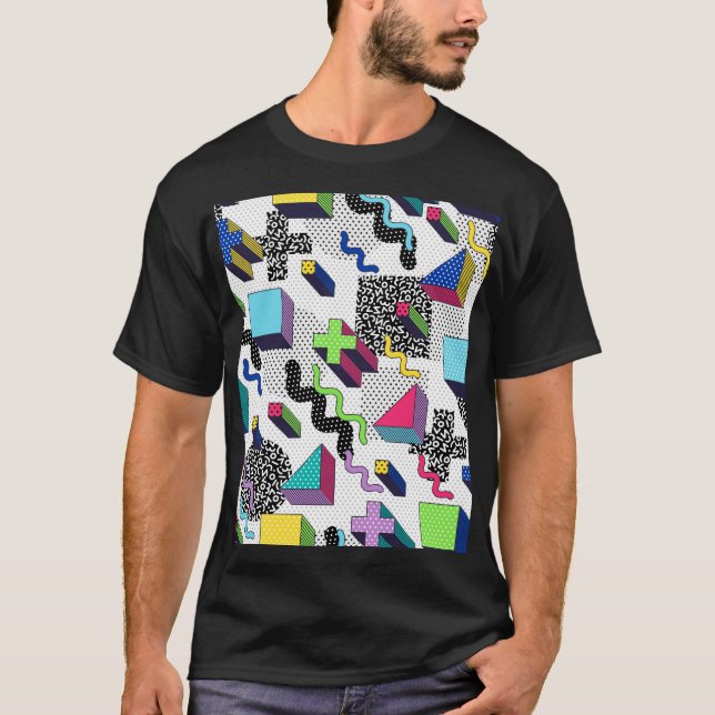 Camiseta Formas geométricas multicolor, patrón retro. (Anverso)