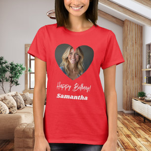 Camiseta Foto corazón nombre cumpleaños mujer roja