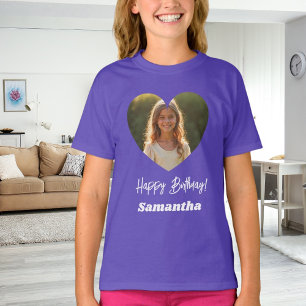 Camiseta Foto corazón nombre cumpleaños niña púrpura