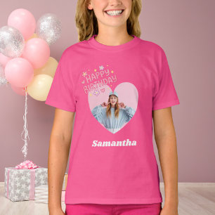 Camiseta Foto corazón nombre cumpleaños niña rosa