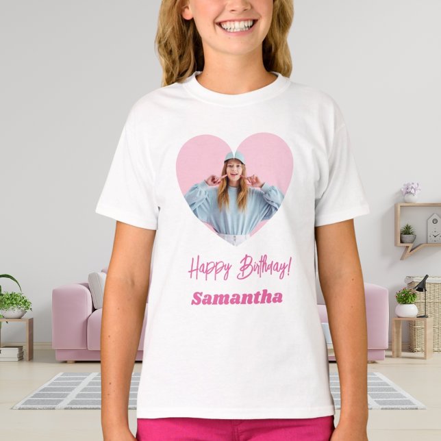 Camiseta Foto de nombre de corazón chica de cumpleaños rosa (Subido por el creador)