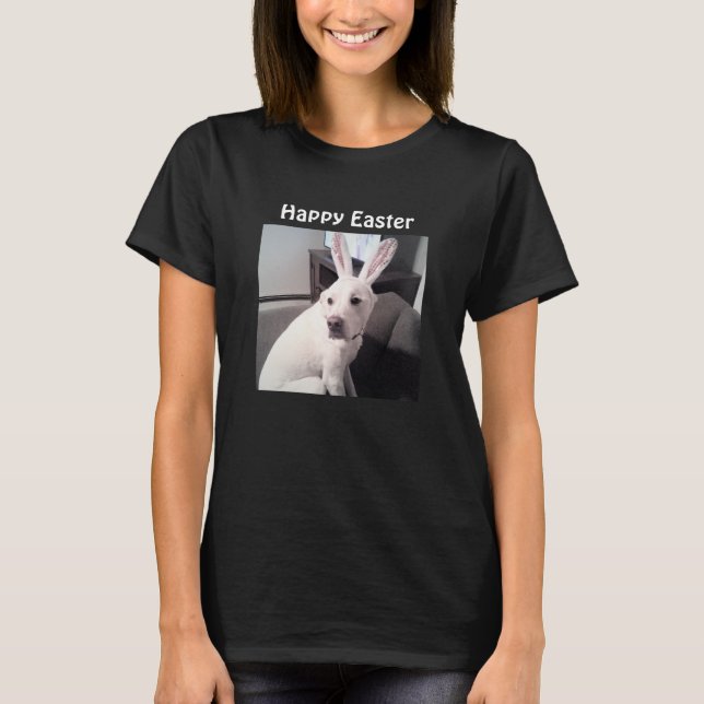 Camiseta Foto de Perro Cute con Acejas de Conejo de Pascua  (Anverso)