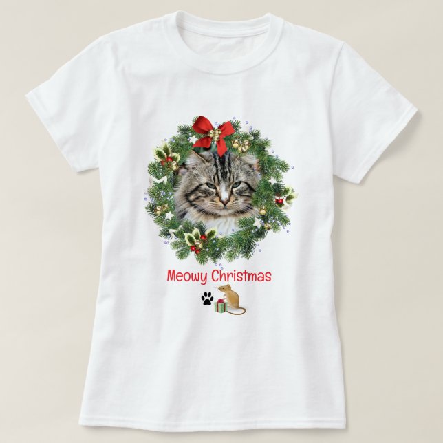 Camiseta Foto de un gato Navidad lindo Wreath (Diseño del anverso)