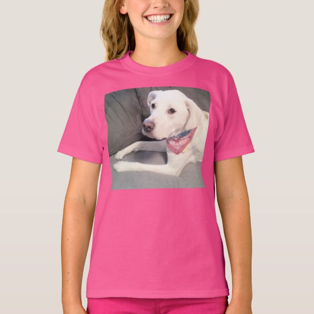 Camiseta Foto de una pequeña doggia blanca con bufanda rosa (Anverso)