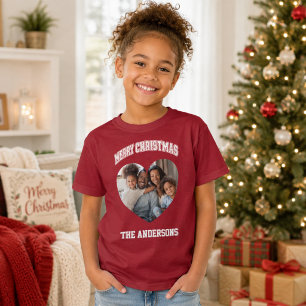 Camiseta foto familiar de Navidad en rojo corazón nombre ni