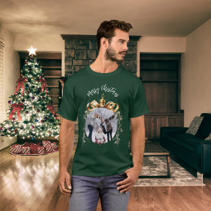 Camiseta Foto familiar verde dorado de Navidad