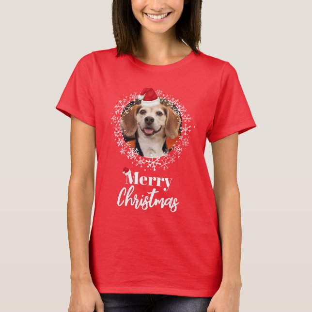 Camiseta Foto mascota Red Santa Hat Copos de nieve Feliz Na (Anverso)