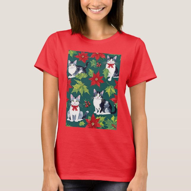 Camiseta Four Christmas Cats And Poinsettias (Anverso)