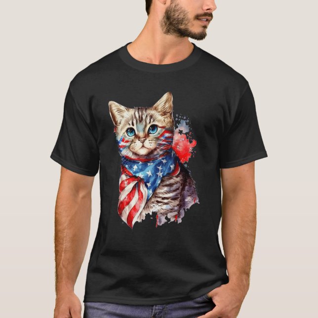 Camiseta Fourth of July Cat American Flag America Patriotic (Anverso)