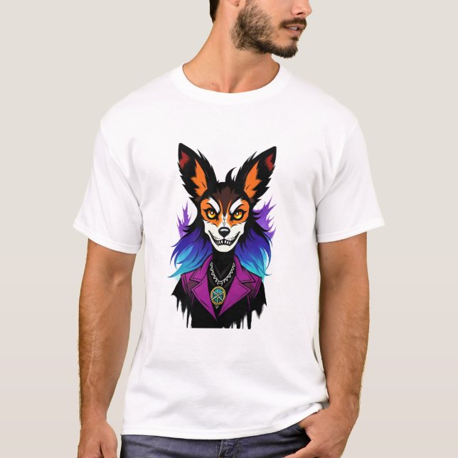 Camiseta Fox antropomórfica en una chaqueta morada | Arte I (Anverso)