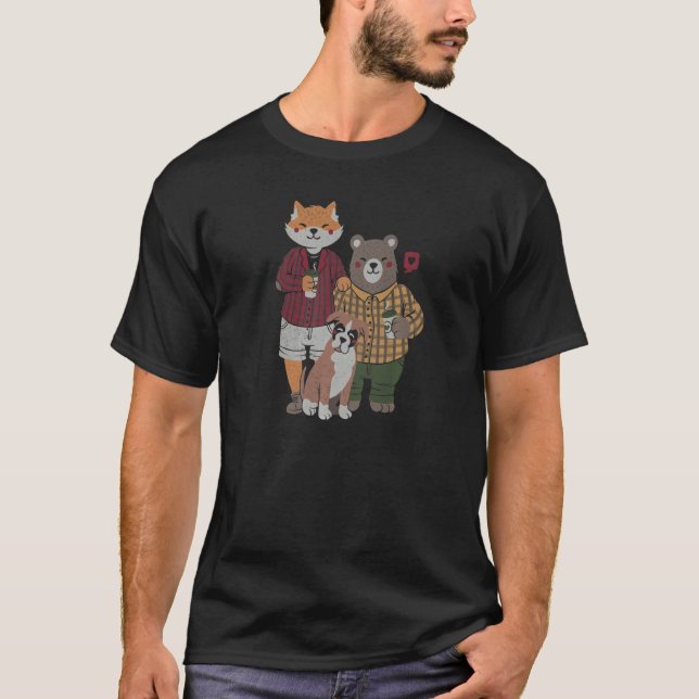 Camiseta Fox Bear Drink Coffee Cute Animals Family Valentin (Anverso)
