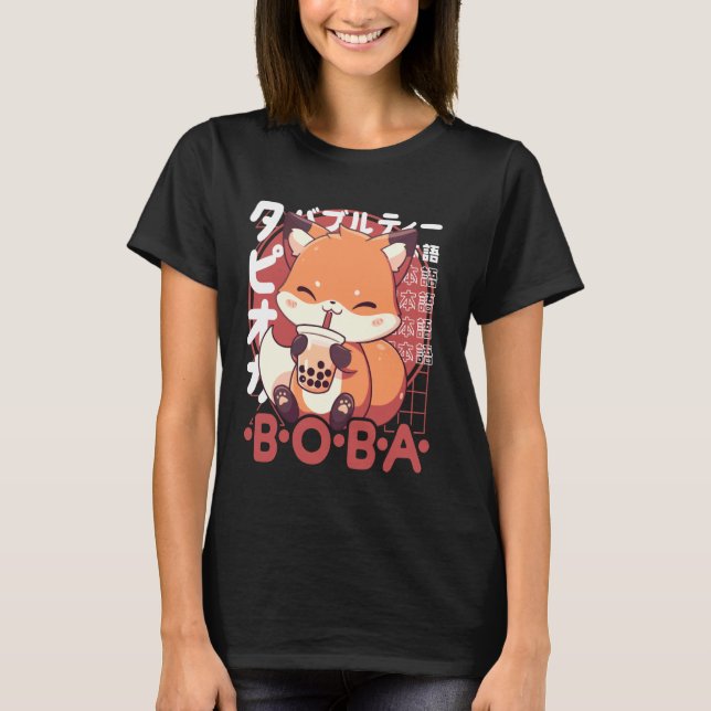 Camiseta Fox Boba Tea Kawaii Bubble Tea Fox Anime Neko Red  (Anverso)