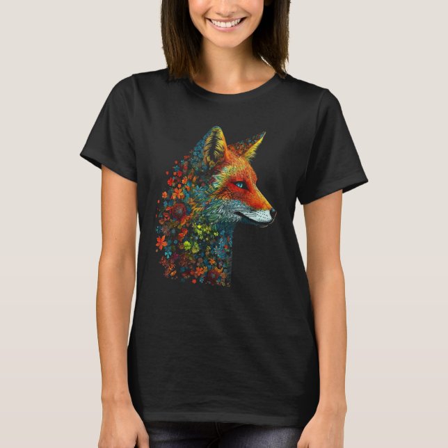 Camiseta Fox Colourful Flowers  Blue Eyes Animal Fox (Anverso)