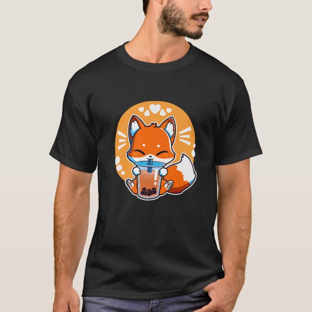 Camiseta Fox Drinking Boba Tea Bubble Milk Tea Kawaii Anime (Anverso)