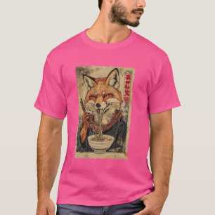 Camiseta Fox Eating Ramen Noodles WoodBlock Ukiyoe