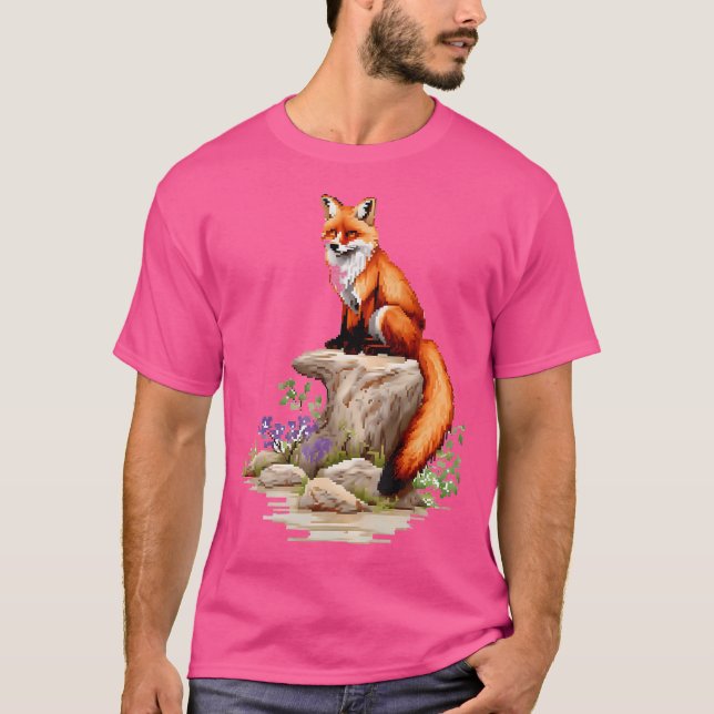 Camiseta Fox Nature Pixel Animal Flowers Art Fox (Anverso)