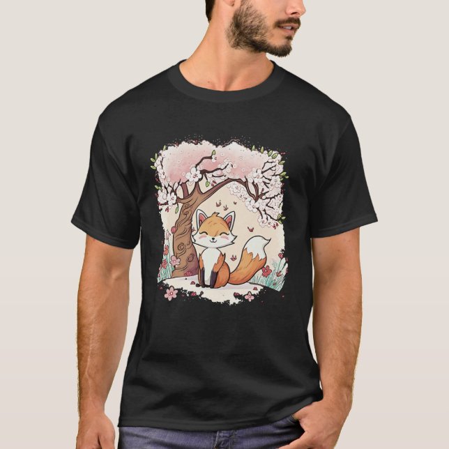 Camiseta Fox Vaporwave Under Cherry Blossom Japanese Aesthe (Anverso)