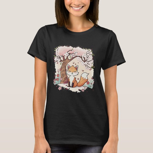 Camiseta Fox Vaporwave Under Cherry Blossom Japanese Aesthe (Anverso)