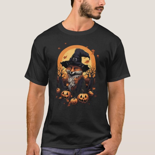 Camiseta Fox Witch Hat Pumpkins Halloween Costume (Anverso)