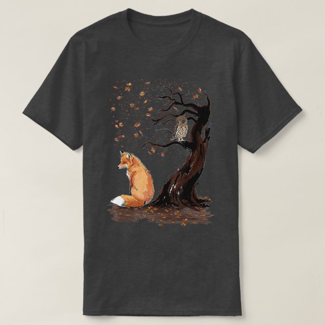 Camiseta Fox y Owl en el árbol Animal Lover Cute otoño (Diseño del anverso)