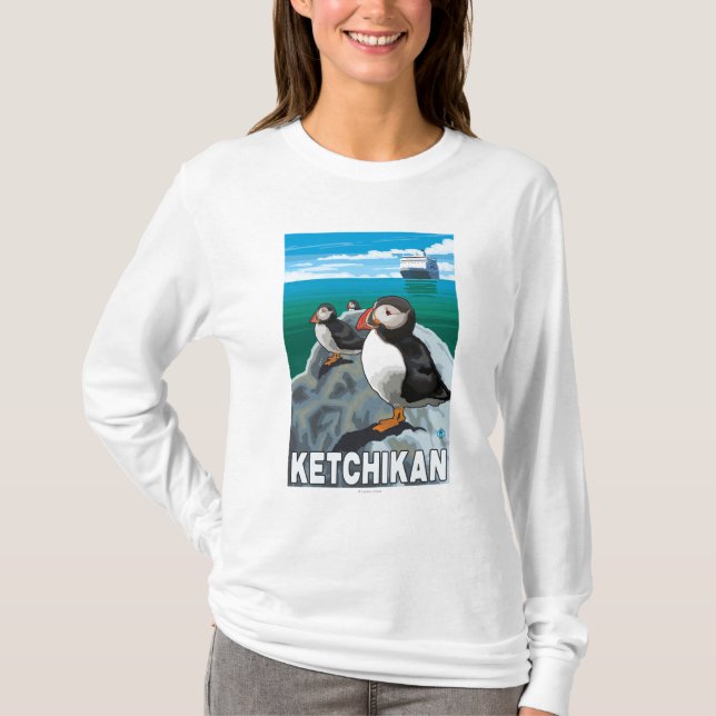 Camiseta Frailecillos y barco de cruceros - Ketchikan, (Anverso)
