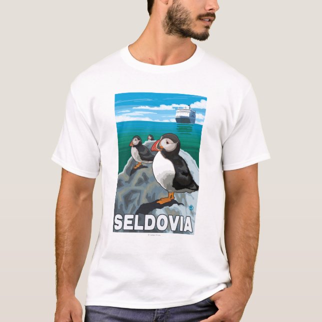 Camiseta Frailecillos y barco de cruceros - Seldovia, (Anverso)