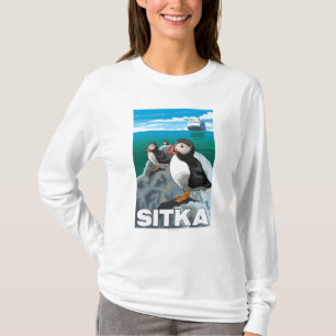 Camiseta Frailecillos y barco de cruceros - Sitka, Alaska