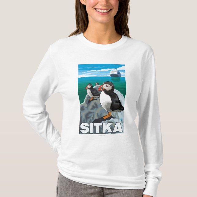 Camiseta Frailecillos y barco de cruceros - Sitka, Alaska (Anverso)