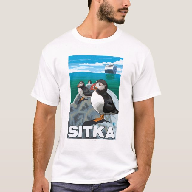 Camiseta Frailecillos y barco de cruceros - Sitka, Alaska (Anverso)