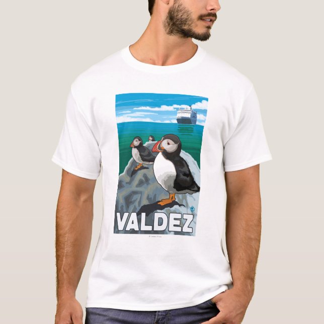 Camiseta Frailecillos y barco de cruceros - Valdez, Alaska (Anverso)