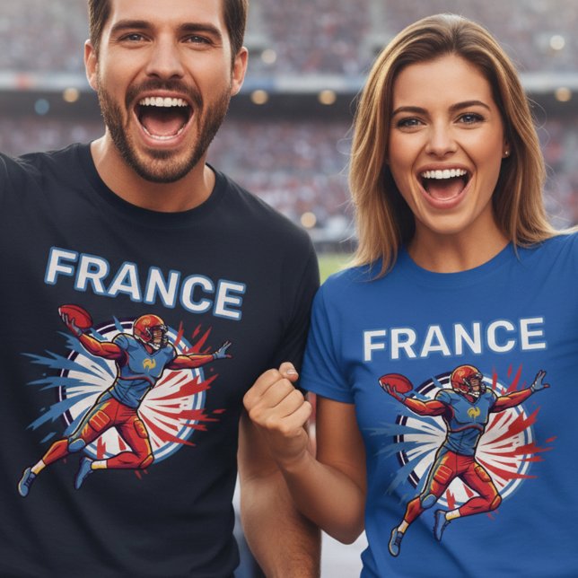 Camiseta France Football Dynamic Quarterback Patriotic Art (Use Personalized to change color/font.
Choose a color that matches the background color of shirt)