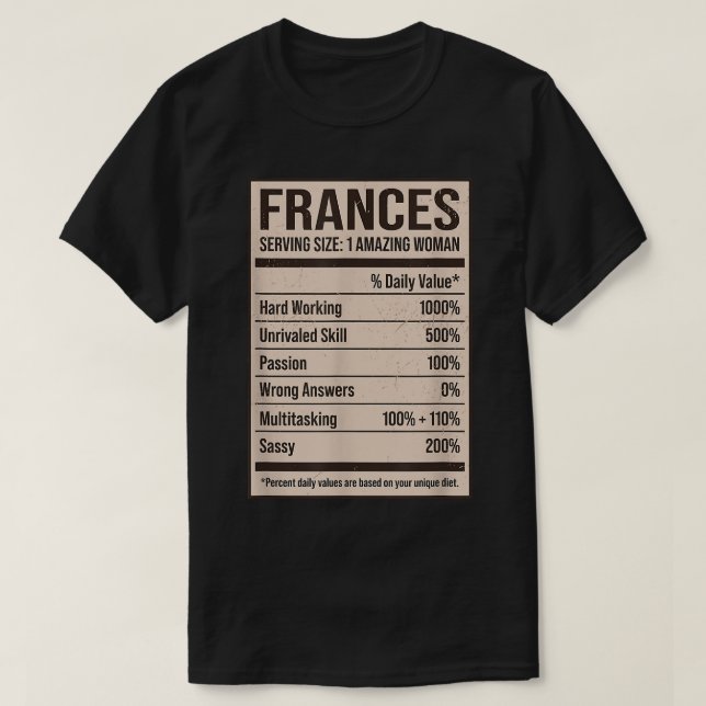 Camiseta Frances Nutrition Facts Name Nickname Alias Title (Diseño del anverso)
