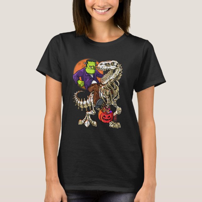 Camiseta Frankenstein Skeleton T Rex Halloween Dinosaur Kid (Anverso)