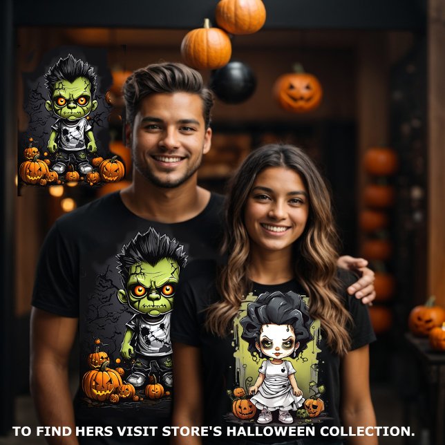 Camiseta Frankenstein y sus parejas de novias coincidiendo (Halloween couples matching tee. Frankenstein and his bride visit store to find hers.)