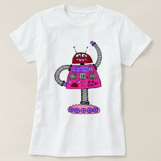 Camiseta Frankie Robot: Rosa en blanco (Diseño del anverso)