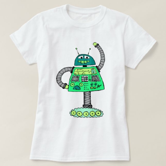 Camiseta Frankie robot, verde sobre blanco (Diseño del anverso)