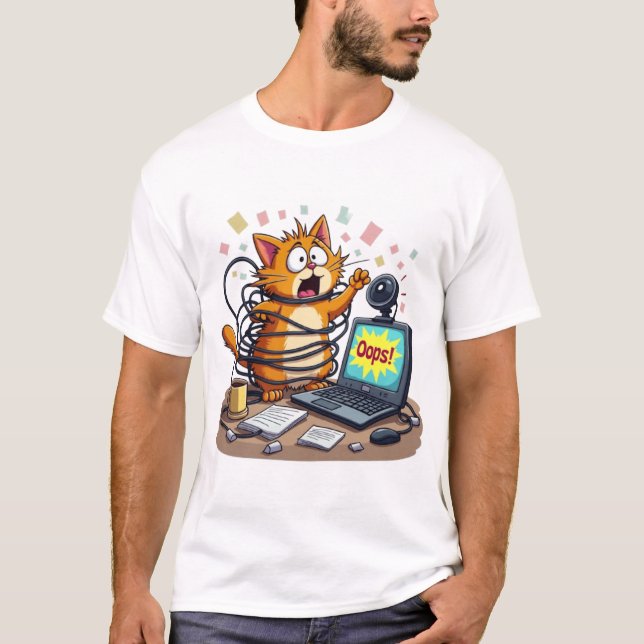 Camiseta Frantic Cat Cable Chaos Remote Work Oops (Anverso)