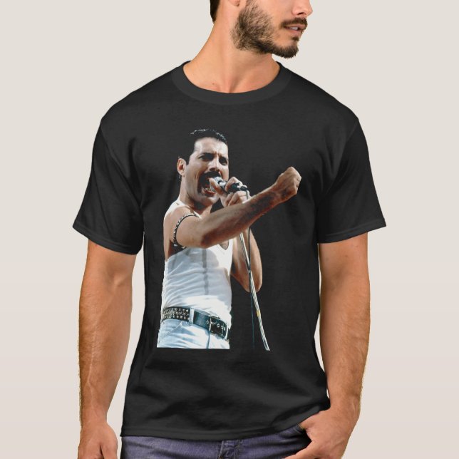 Camiseta Freddie Mercury Of Rock Group Queen At Live Aid 19 (Anverso)
