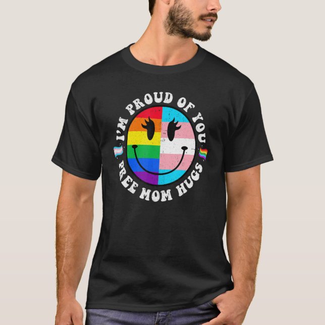 Camiseta Free Mom Hugs Groovy Hippie Face LGBT Rainbow Tran (Anverso)
