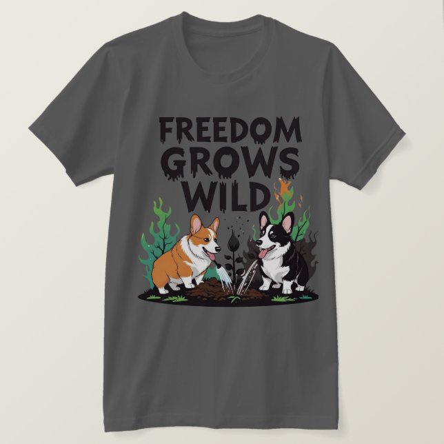 Camiseta Freedom Grows Wild – Scary Corgi Gardening Cartoon (Anverso del diseño)