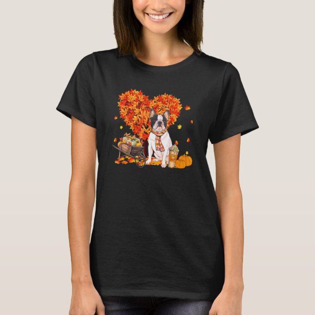 Camiseta French Bulldog Autumn Tree Fall Leaves Pumpkin Dog (Anverso)